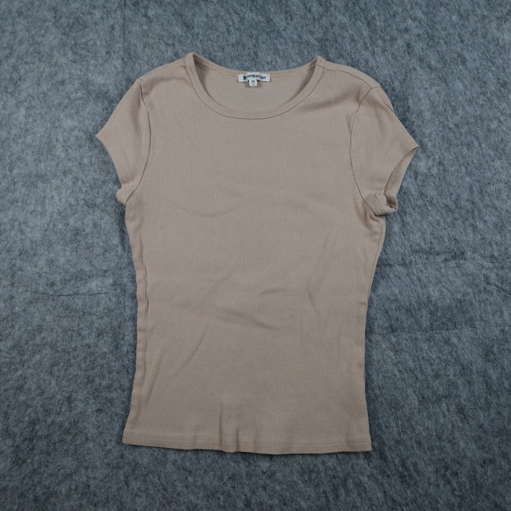 Reformation Top Women Extra Small Tan Ribbed Organic Cotton Cap Sleeve Crewneck